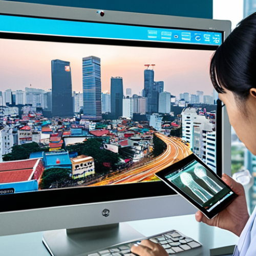 Home 11 **
"A modern Vietnamese doctor using a tablet to analyze a patient's genetic data, with a Ho Chi Minh City skyline visible through the window. DNA strands are subtly integrated into the background. Focus on personalized medicine and genetic testing."
**