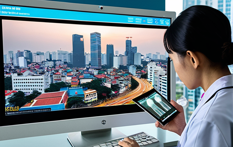**
"A modern Vietnamese doctor using a tablet to analyze a patient's genetic data, with a Ho Chi Minh City skyline visible through the window. DNA strands are subtly integrated into the background. Focus on personalized medicine and genetic testing."
**
