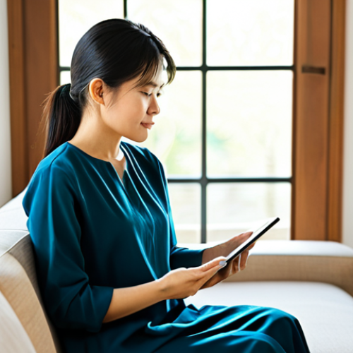 Home 6 A serene adult Vietnamese woman in her mid-30s, wearing modest, comfortable professional attire, seated calmly on a sofa in a sunlit modern living room. She is gently holding a tablet, looking thoughtfully at the screen where abstract, calming graphics represent a Digital Therapeutics (DTx) application for mental well-being. The background features minimalist, warm decor with potted plants, creating a peaceful and inviting atmosphere. Soft natural light streams in from a window. Professional photography, high detail, sharp focus, natural colors, soft ambient light, perfect anatomy, correct proportions, natural pose, well-formed hands, proper finger count, natural body proportions, fully clothed, appropriate attire, modest clothing, safe for work, appropriate content, professional.