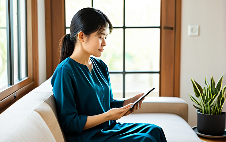 A serene adult Vietnamese woman in her mid-30s, wearing modest, comfortable professional attire, seated calmly on a sofa in a sunlit modern living room. She is gently holding a tablet, looking thoughtfully at the screen where abstract, calming graphics represent a Digital Therapeutics (DTx) application for mental well-being. The background features minimalist, warm decor with potted plants, creating a peaceful and inviting atmosphere. Soft natural light streams in from a window. Professional photography, high detail, sharp focus, natural colors, soft ambient light, perfect anatomy, correct proportions, natural pose, well-formed hands, proper finger count, natural body proportions, fully clothed, appropriate attire, modest clothing, safe for work, appropriate content, professional.