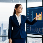 A professional businesswoman in a modest, dark blue business suit, standing confidently in a sleek, modern office. She is interacting with a large, translucent holographic display showing complex predictive analytics charts, market trends, and financial data visualizations. Her pose is natural, with well-formed hands gesturing towards the screen. The office features minimalist design, natural lighting, and a view of a bustling city skyline. The overall scene conveys a sense of innovation and strategic insight, fully clothed, appropriate attire, professional, safe for work, appropriate content, perfect anatomy, correct proportions, natural pose, well-formed hands, proper finger count, natural body proportions.