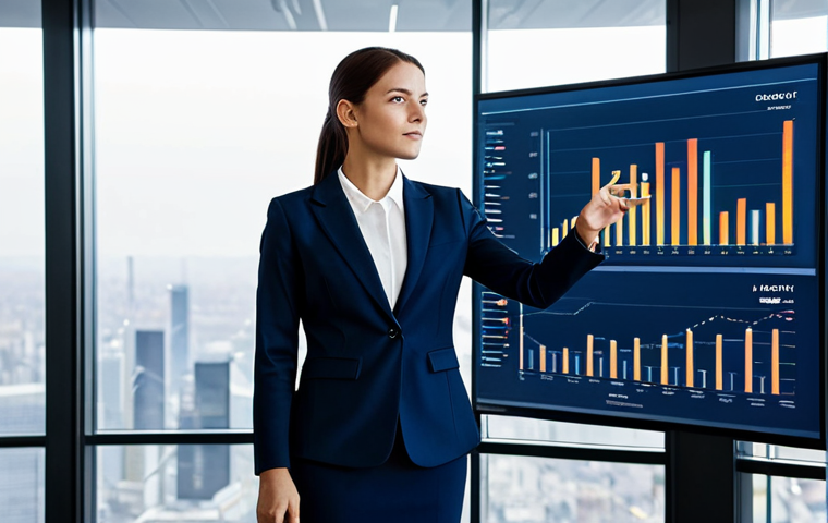 A professional businesswoman in a modest, dark blue business suit, standing confidently in a sleek, modern office. She is interacting with a large, translucent holographic display showing complex predictive analytics charts, market trends, and financial data visualizations. Her pose is natural, with well-formed hands gesturing towards the screen. The office features minimalist design, natural lighting, and a view of a bustling city skyline. The overall scene conveys a sense of innovation and strategic insight, fully clothed, appropriate attire, professional, safe for work, appropriate content, perfect anatomy, correct proportions, natural pose, well-formed hands, proper finger count, natural body proportions.