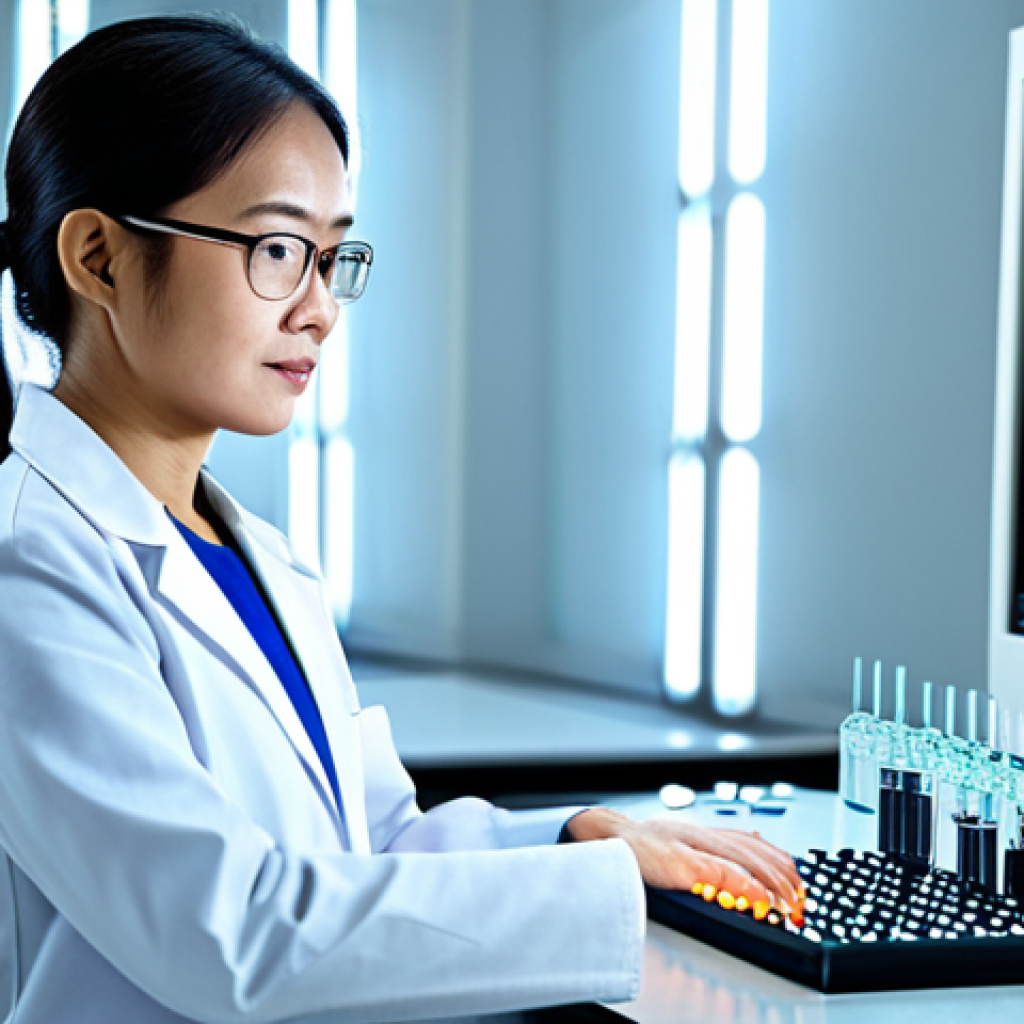 Nanotechnology in Cancer Treatment** "A dedicated Vietnamese female scientist in a clean, modern laboratory, wearing a lab coat and safety glasses, examining a glowing nanoparticle model representing targeted drug delivery to cancer cells. Background includes advanced lab equipment and holographic displays. Focus on precision and innovation. Safe for work, appropriate content, fully clothed, professional, perfect anatomy, natural proportions, high resolution, realistic rendering, safe for work, professional attire." **