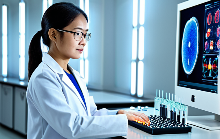Nanotechnology in Cancer Treatment** "A dedicated Vietnamese female scientist in a clean, modern laboratory, wearing a lab coat and safety glasses, examining a glowing nanoparticle model representing targeted drug delivery to cancer cells. Background includes advanced lab equipment and holographic displays. Focus on precision and innovation. Safe for work, appropriate content, fully clothed, professional, perfect anatomy, natural proportions, high resolution, realistic rendering, safe for work, professional attire." **