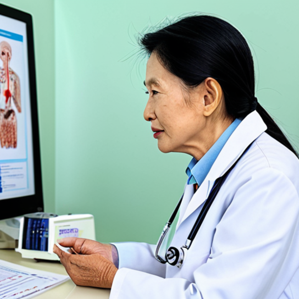 ** A Vietnamese doctor in a modern, well-equipped clinic, fully clothed in a professional white coat, consulting with a senior patient about preventative medicine. The background shows advanced medical technology and educational posters on healthy living. Safe for work, appropriate content, professional, modest, perfect anatomy, natural pose, well-formed hands, proper finger count. **