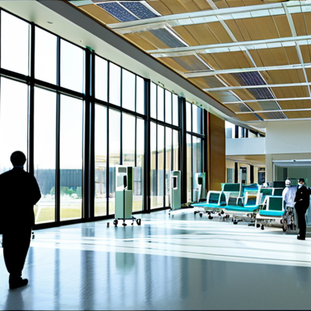** "A modern hospital lobby with solar panels visible on the roof through the large windows, fully clothed staff in professional uniforms attending to patients, emphasizing the hospital's commitment to renewable energy, bright and clean environment, safe for work, appropriate content, professional, perfect anatomy, natural proportions, well-lit, eco-friendly design, modest attire." **