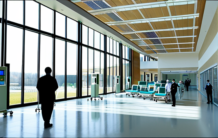 ** "A modern hospital lobby with solar panels visible on the roof through the large windows, fully clothed staff in professional uniforms attending to patients, emphasizing the hospital's commitment to renewable energy, bright and clean environment, safe for work, appropriate content, professional, perfect anatomy, natural proportions, well-lit, eco-friendly design, modest attire." **