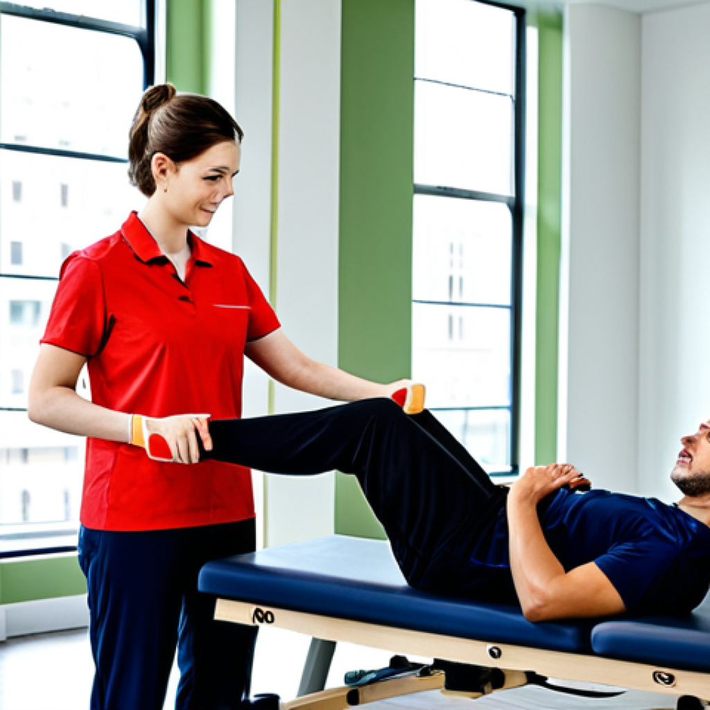 AI와 함께하는 재활 치료의 미래 - **Subject:** A physical therapy session. **Clothing:** A patient in comfortable workout clothes and ...