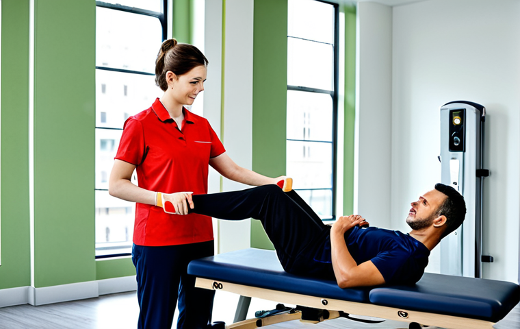 AI와 함께하는 재활 치료의 미래 - **Subject:** A physical therapy session. **Clothing:** A patient in comfortable workout clothes and ...