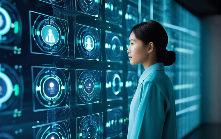 디지털 헬스케어에서의 윤리적 쟁점 - **Prompt 1: Digital Health Data Security and Personal Control** "A medium shot of a diverse indi...