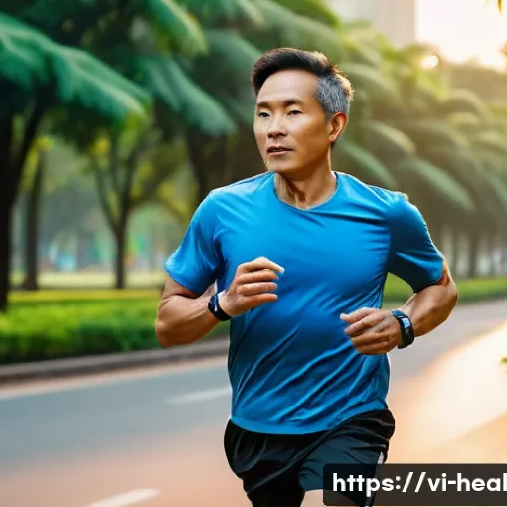 모바일 헬스의 데이터 기반 분석 - A Vietnamese middle-aged man wearing casual smart clothes is jogging in a lush urban park in Ho Chi ...