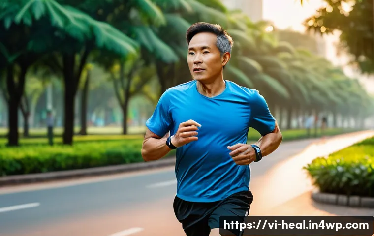 모바일 헬스의 데이터 기반 분석 - A Vietnamese middle-aged man wearing casual smart clothes is jogging in a lush urban park in Ho Chi ...