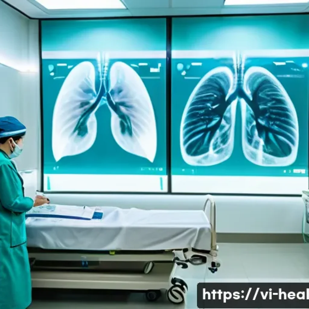 스마트 병원 구축을 위한 기술 - A modern Vietnamese hospital room equipped with advanced AI medical technology, featuring a doctor a...