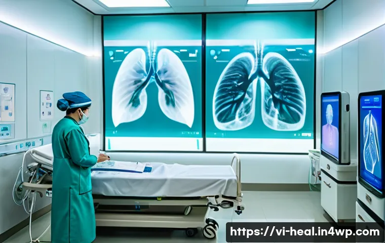 스마트 병원 구축을 위한 기술 - A modern Vietnamese hospital room equipped with advanced AI medical technology, featuring a doctor a...