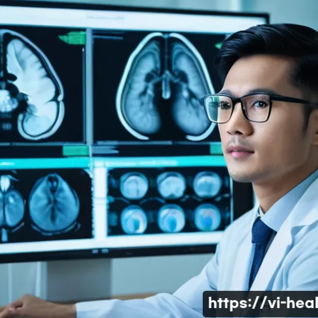 미래의 의료 전문가 역할 변화 - A modern Vietnamese hospital scene showing a young male doctor wearing professional attire and glass...