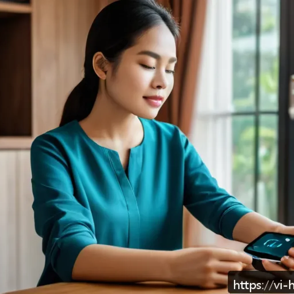 데이터 기반 건강 관리 플랫폼의 필요성 - A modern Vietnamese woman wearing smart casual clothes, using a smartwatch and a smartphone health a...