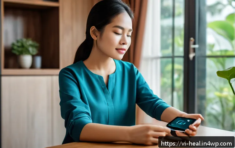 데이터 기반 건강 관리 플랫폼의 필요성 - A modern Vietnamese woman wearing smart casual clothes, using a smartwatch and a smartphone health a...