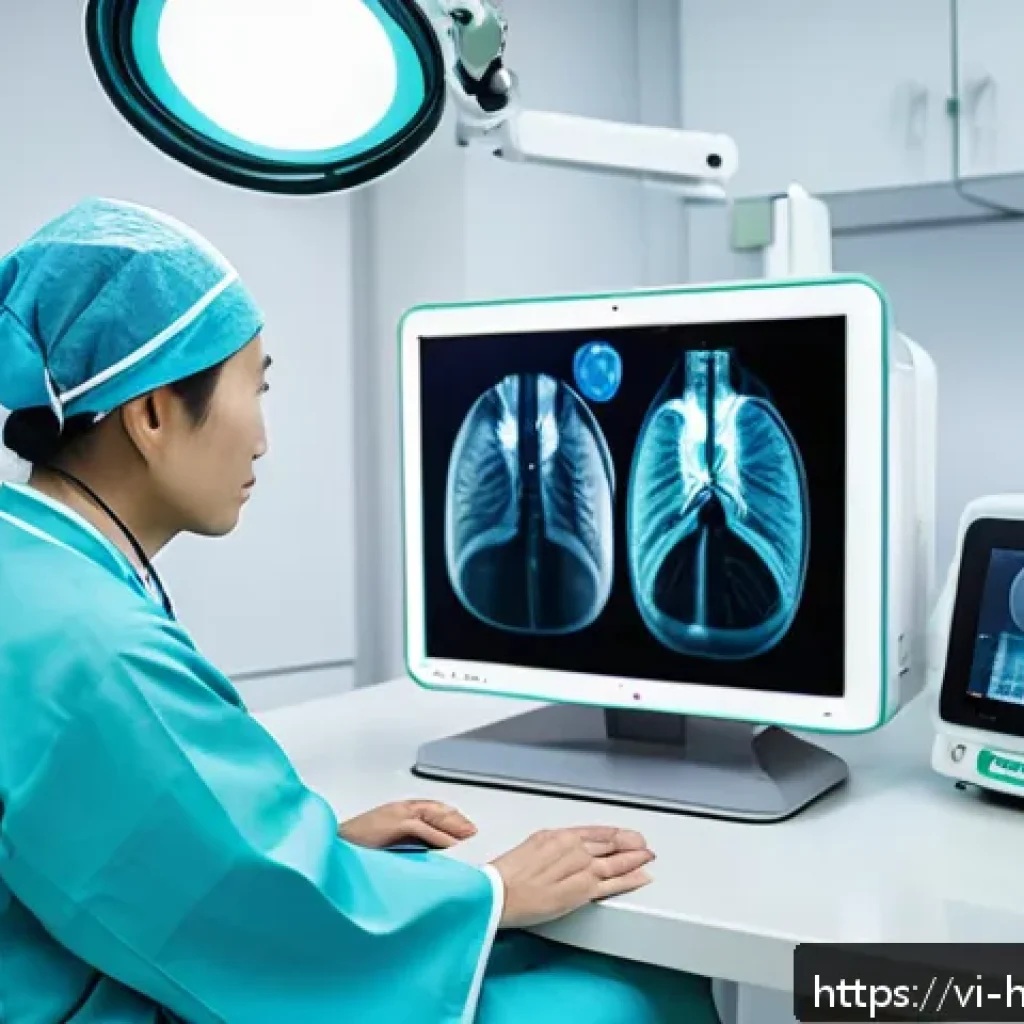 미래 의료 환경의 변화 예측 - A modern Vietnamese hospital room featuring a skilled doctor using an advanced AI-powered medical im...