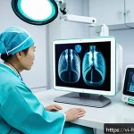 미래 의료 환경의 변화 예측 - A modern Vietnamese hospital room featuring a skilled doctor using an advanced AI-powered medical im...