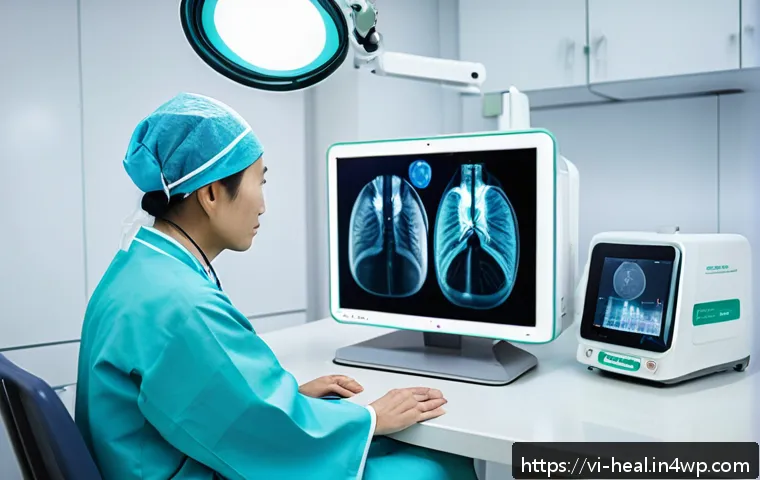 미래 의료 환경의 변화 예측 - A modern Vietnamese hospital room featuring a skilled doctor using an advanced AI-powered medical im...