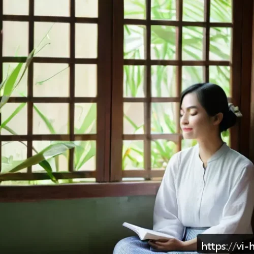 정신 건강을 위한 통합적 접근법 - A serene Vietnamese woman in her 30s sitting peacefully in a cozy corner of a traditional Vietnamese...