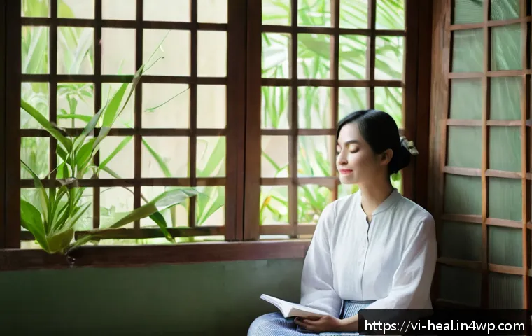 정신 건강을 위한 통합적 접근법 - A serene Vietnamese woman in her 30s sitting peacefully in a cozy corner of a traditional Vietnamese...