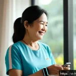 미래 의료의 트렌드와 혁신 - A Vietnamese middle-aged woman wearing a modern smart health wristband, standing in a bright living ...