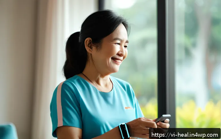 미래 의료의 트렌드와 혁신 - A Vietnamese middle-aged woman wearing a modern smart health wristband, standing in a bright living ...