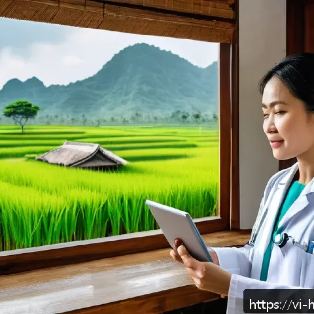 미래 의료 시스템의 지속 가능성 - A Vietnamese rural telemedicine scene showing a middle-aged woman in modest clothing consulting a do...