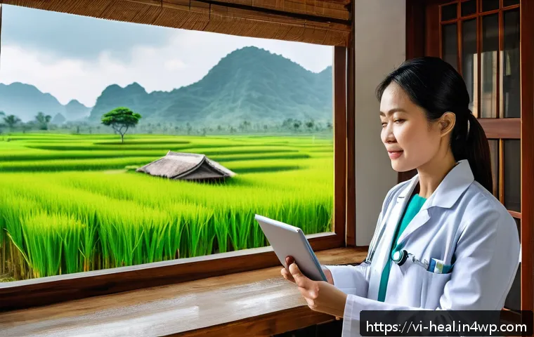 미래 의료 시스템의 지속 가능성 - A Vietnamese rural telemedicine scene showing a middle-aged woman in modest clothing consulting a do...