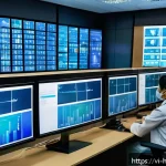 디지털 헬스케어의 기술적 도전 과제 - A modern Vietnamese hospital digital control room with diverse healthcare professionals monitoring m...