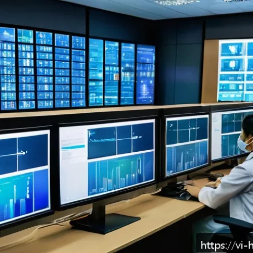 디지털 헬스케어의 기술적 도전 과제 - A modern Vietnamese hospital digital control room with diverse healthcare professionals monitoring m...