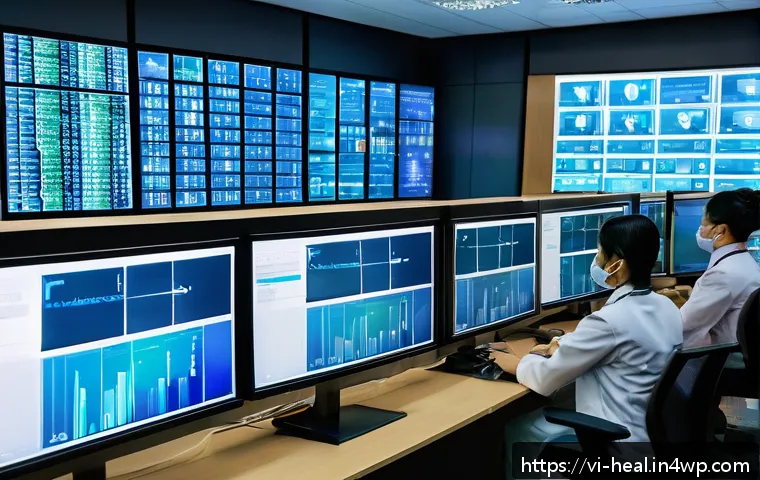 디지털 헬스케어의 기술적 도전 과제 - A modern Vietnamese hospital digital control room with diverse healthcare professionals monitoring m...