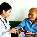 Home 18 디지털 헬스케어의 사회적 책임 - Photorealistic community health clinic in Hanoi, Vietnam, a Vietnamese female healthcare worker in a...