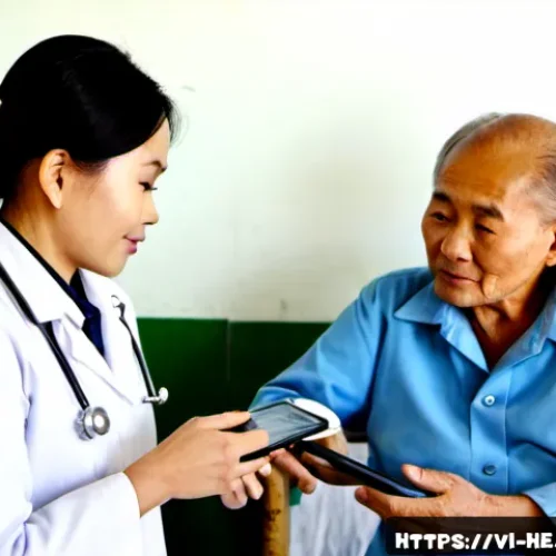Home 30 디지털 헬스케어의 사회적 책임 - Photorealistic community health clinic in Hanoi, Vietnam, a Vietnamese female healthcare worker in a...