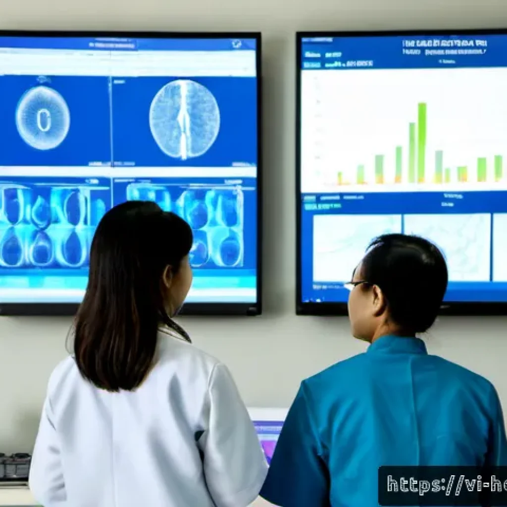 AI 기반의 의료 데이터 분석 방법 - Photorealistic AI-powered medical data analysis in a modern Vietnamese hospital, a Vietnamese female...